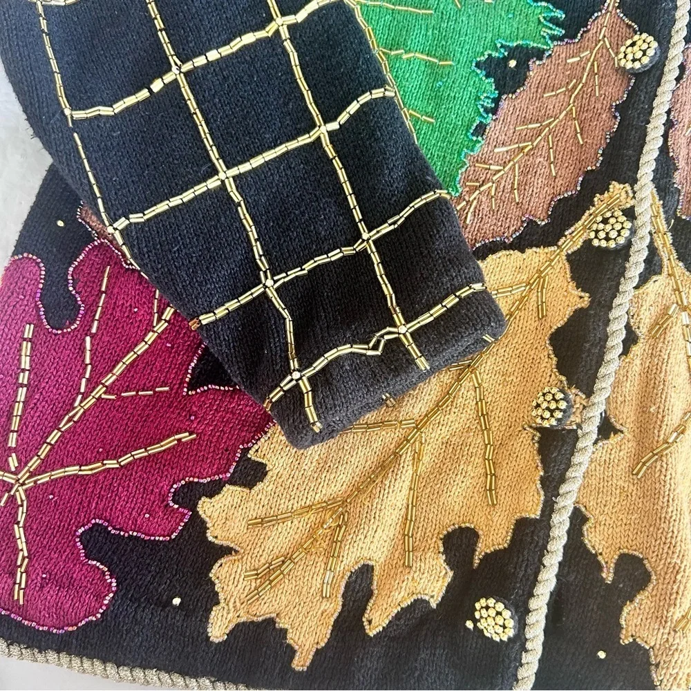 Bellepointe Vtg 90s Handmade Colorful Fall Leaf Cardigan Sweater Sz L Beaded